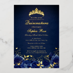Birthday Navy Floral Butterfly Tiara Quinceanera Foil Invitation