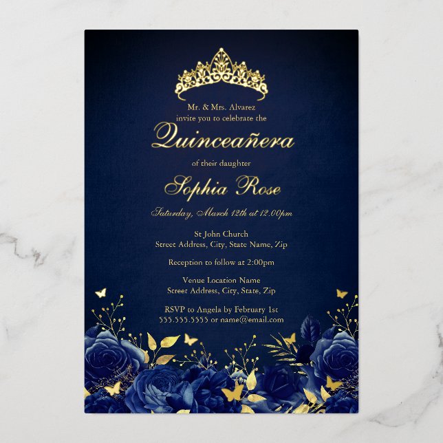 Birthday Navy Floral Butterfly Tiara Quinceanera Foil Invitation (Front)