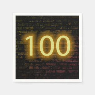 Birthday Neon 100 Sign on Brick Wall Napkins