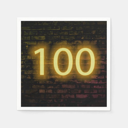 Birthday Neon 100 Sign on Brick Wall  Napkins