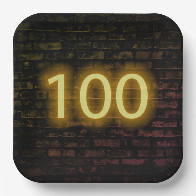 Birthday Neon 100 Sign on Brick Wall    Paper Plates (Front)