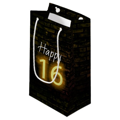 Birthday Neon 16 Sign on Brick  Small Gift Bag