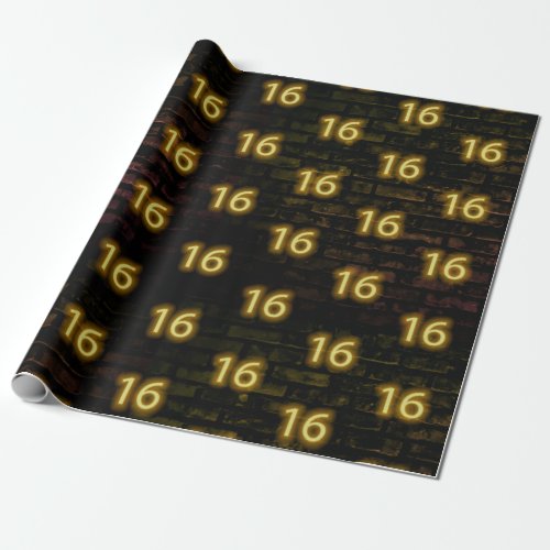 Birthday Neon 16 Sign on Brick  Wrapping Paper