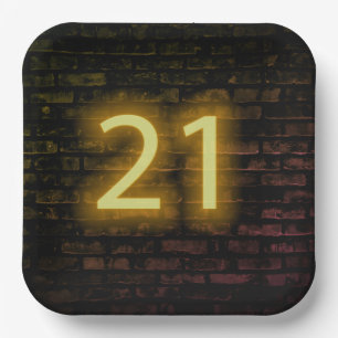 Birthday Neon 21 Sign on Brick Wall Paper Plates