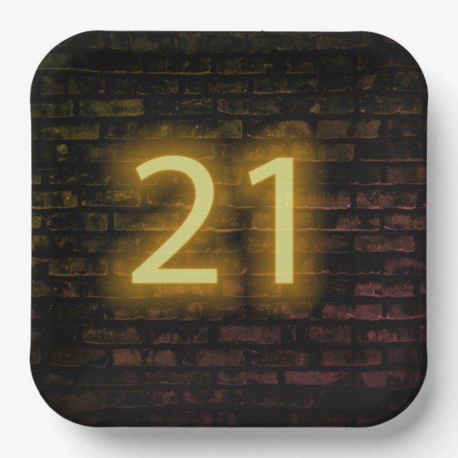 Birthday Neon 21 Sign on Brick Wall  Paper Plates (Front)