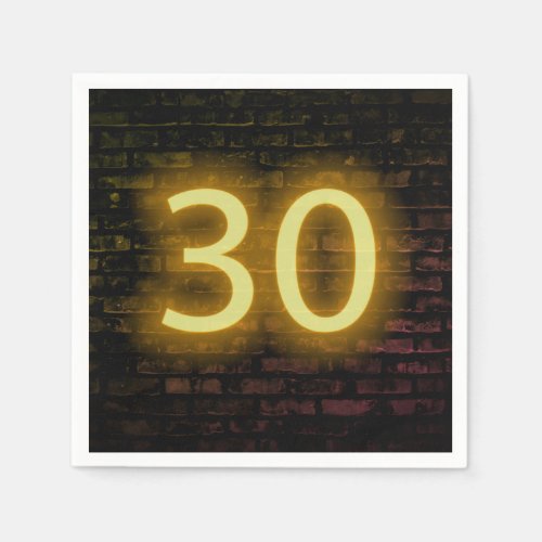 Birthday Neon 30 Sign on Brick Wall Napkins