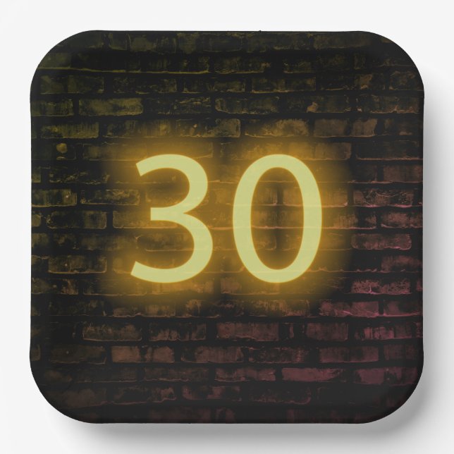 Birthday Neon 30 Sign on Brick Wall  Paper Plates (Front)
