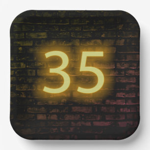 Birthday Neon 35 Sign on Brick Wall Paper Plates