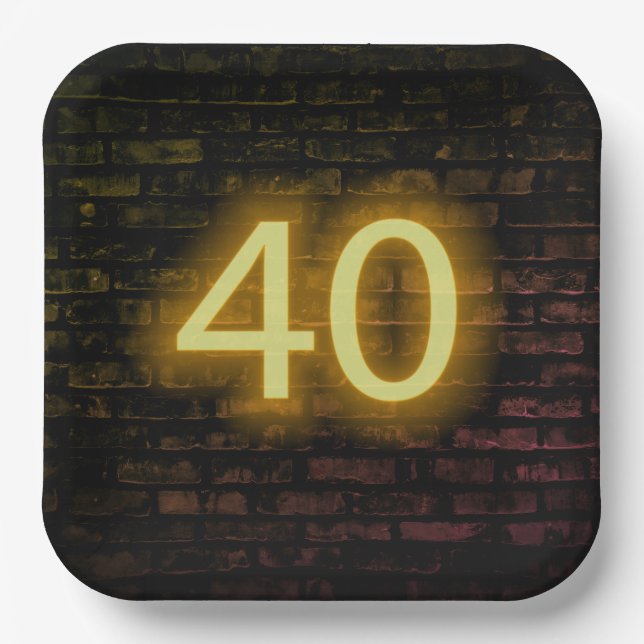 Birthday Neon 40 Sign on Brick Wall  Paper Plates (Front)