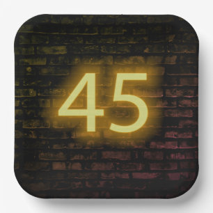 Birthday Neon 45 Sign on Brick Wall Paper Plates