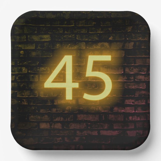 Birthday Neon 45 Sign on Brick Wall     Paper Plates (Front)