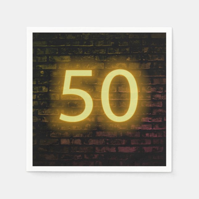 Birthday Neon 50 Sign on Brick Wall   Napkins (Front)