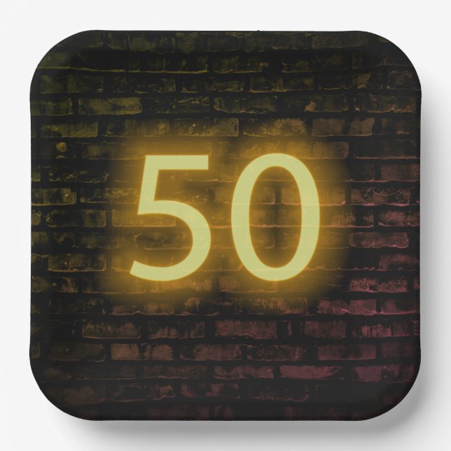 Birthday Neon 50 Sign on Brick Wall Paper Plates (Front)