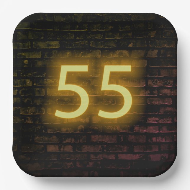 Birthday Neon 55 Sign on Brick Wall    Paper Plates (Front)