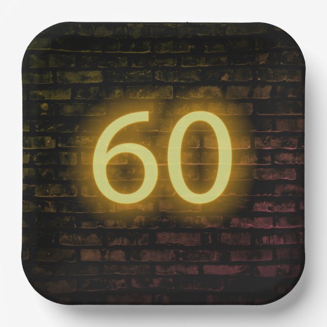 Birthday Neon 60 Sign on Brick Wall  Paper Plates (Front)