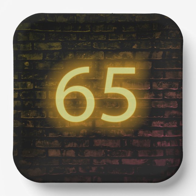 Birthday Neon 65 Sign on Brick Wall Paper Plates (Front)