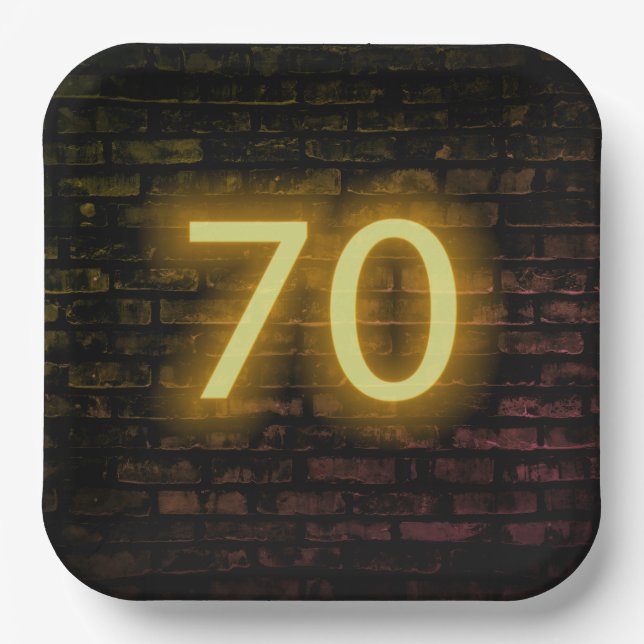 Birthday Neon 70 Sign on Brick Wall Paper Plates (Front)