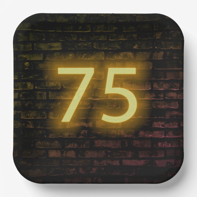 Birthday Neon 75 Sign on Brick Wall   Paper Plates (Front)