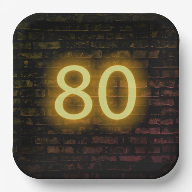 Birthday Neon 80 Sign on Brick Wall   Paper Plates (Front)