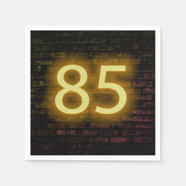 Birthday Neon 85 Sign on Brick Wall   Napkins (Front)