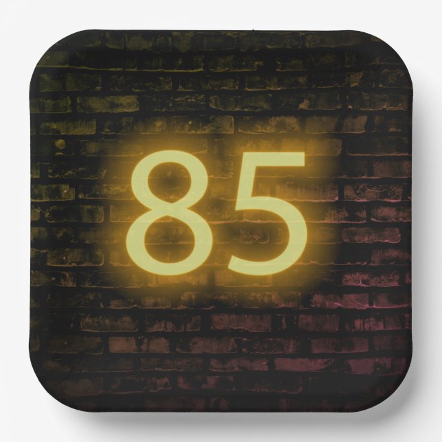 Birthday Neon 85 Sign on Brick Wall  Paper Plates (Front)