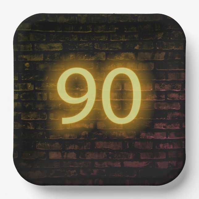 Birthday Neon 90 Sign on Brick Wall  Paper Plates (Front)