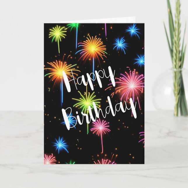 Birthday Neon Fireworks On Black Card (Front)