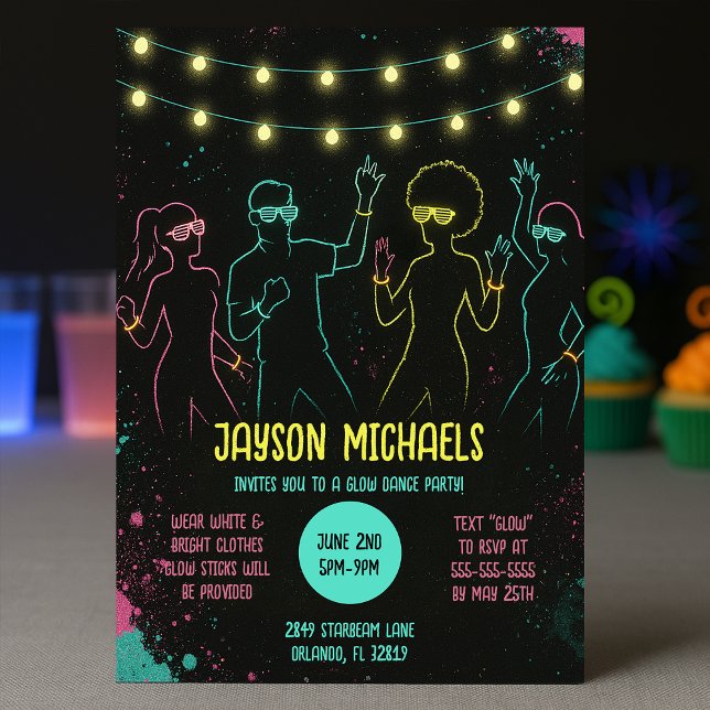 Birthday Neon Glow Party with String Lights Invitation (Creator Uploaded)
