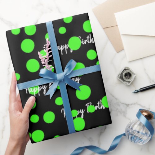 Birthday Neon Green Dots On Black Wrapping Paper