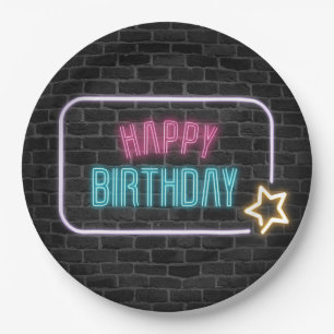 Birthday Neon Sign On Brick Wall Paper Plates