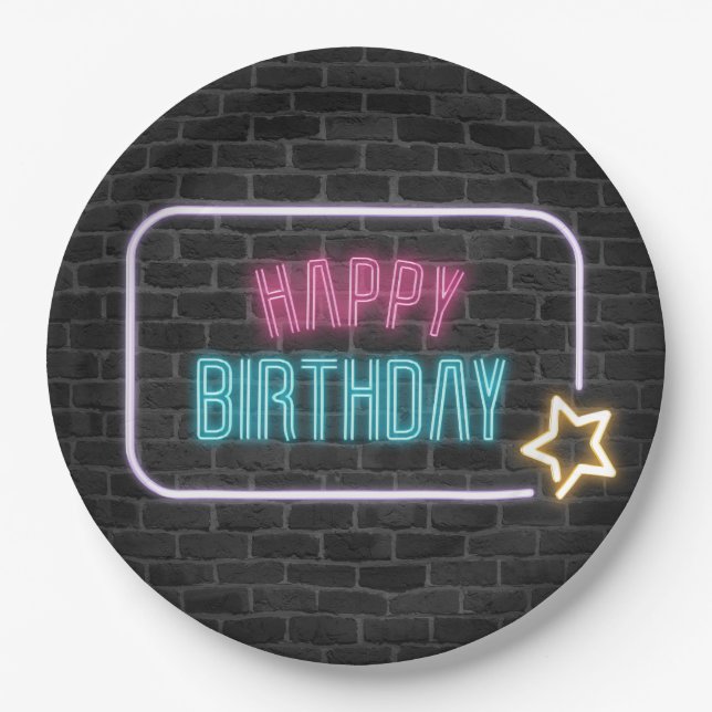 Birthday Neon Sign On Brick Wall  Paper Plates (Front)