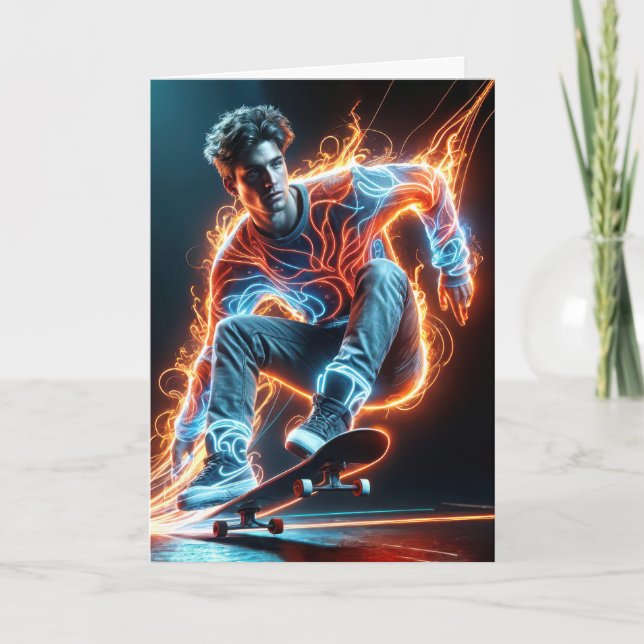 Birthday Neon Skateboarder On Black Card (Front)
