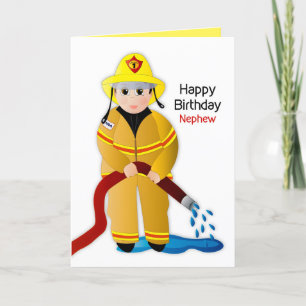 Birthday Nephew Firefighter with Water Hose Card