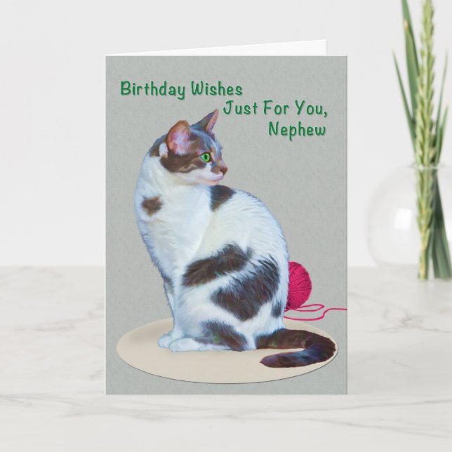 Birthday, Nephew, Green-Eyed Cat Card (Front)