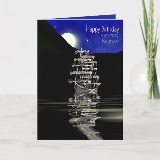 Birthday, Nephew,  Ship with Sails, Night Card (Front)