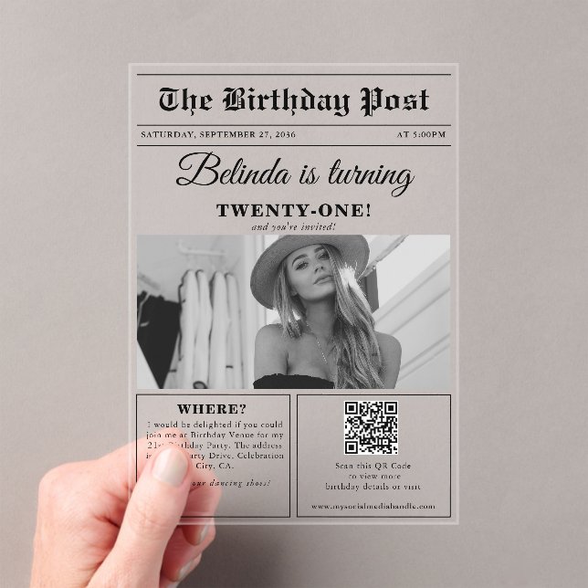 Birthday Newspaper Fun Black & White Photo Acrylic Invitations (Insitu (Handheld))