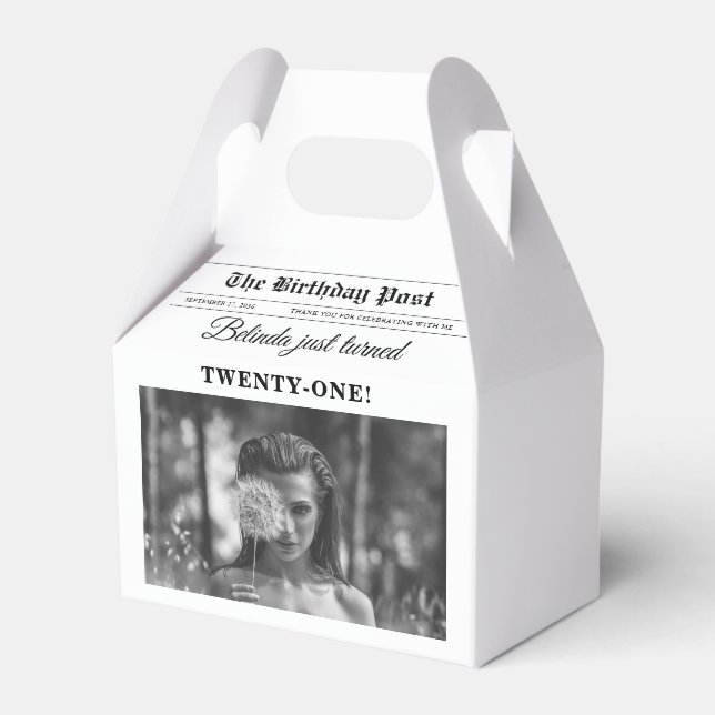 Birthday Newspaper Fun Black & White Photo Favor Boxes (Front Side)