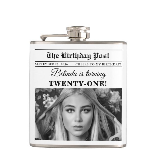 Birthday Newspaper Fun Black & White Photo Flask (Front)