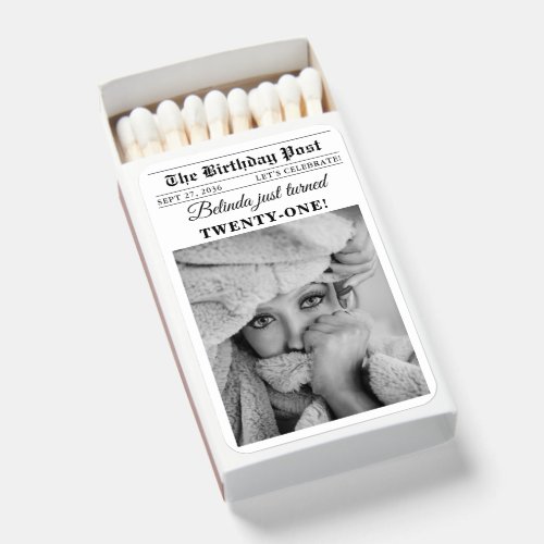 Birthday Newspaper Fun Black & White Photo Matchboxes