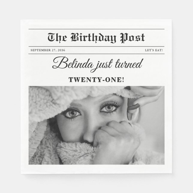 Birthday Newspaper Fun Black & White Photo Napkins (Front)