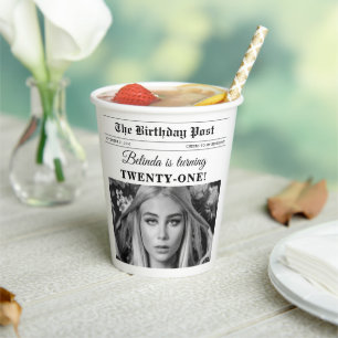 Birthday Newspaper Fun Black & White Photo Paper Cups