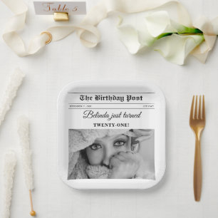 Birthday Newspaper Fun Black & White Photo Paper Plates