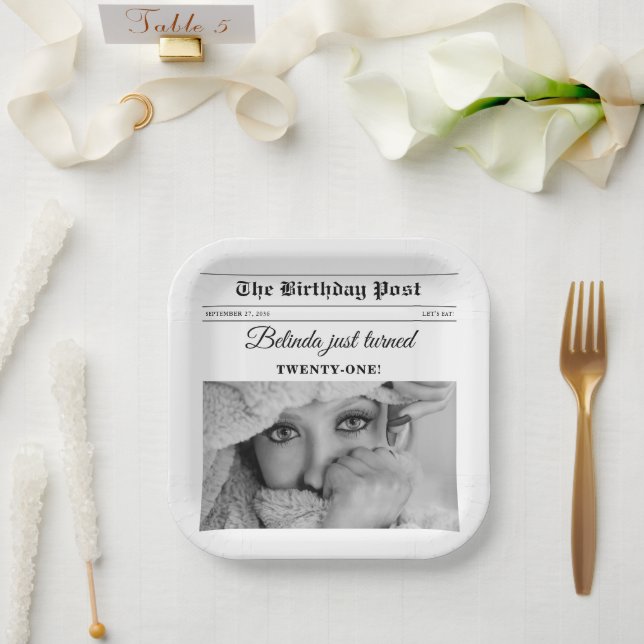 Birthday Newspaper Fun Black & White Photo Paper Plates (Wedding)