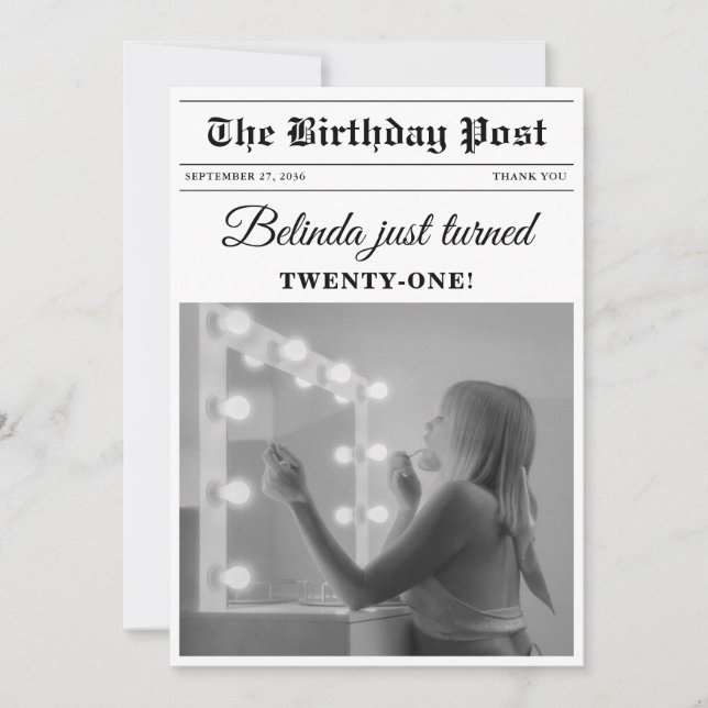 Birthday Newspaper Fun Black & White Photo Thank You Card (Front)