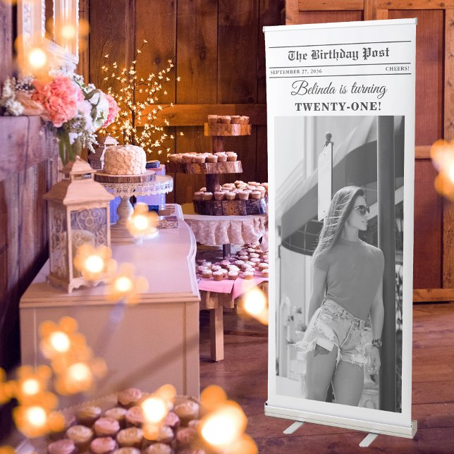 Birthday Newspaper Fun Black & White Photo Welcome Retractable Banner (Birthday Newspaper Fun Black & White Photo Welcome Retractable Banner)