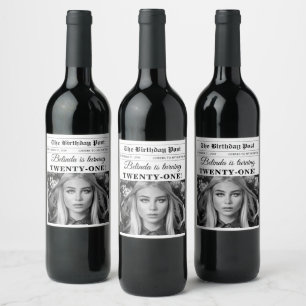 Birthday Newspaper Fun Black & White Photo Wine Label