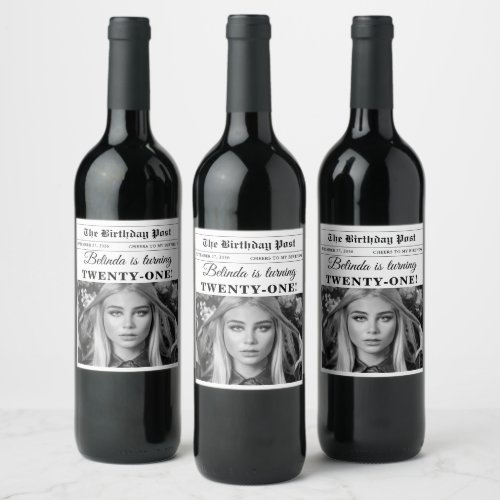 Birthday Newspaper Fun Black & White Photo Wine Label