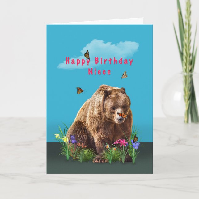 Birthday,  Niece, Bear and Butterflies Card (Front)