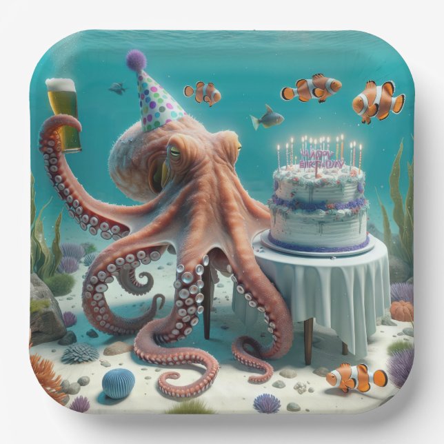 Birthday Octopus With a Beer Paper Plates (Front)