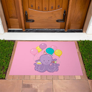 Birthday Octopus with Balloons and Cupcake Doormat
